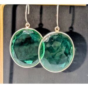 Lg Bezel Set Faceted Green Crystal Glass Unmarked 925 Sterling Silver Earrings